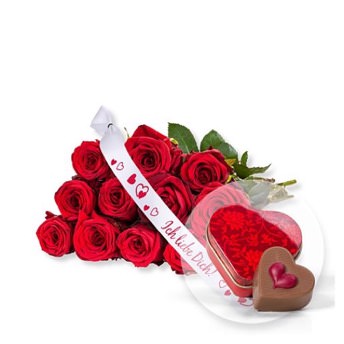 12 rote Rosen und Schleife Ich liebe Dich und  - Romantische Geschenke zum Valentinstag für Sie