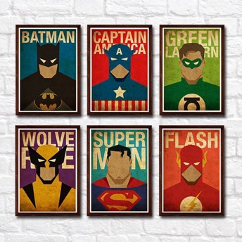 6 tlg Superhelden Poster Set im minimalistischen Vintage  - 45 originelle Superhelden Geschenke