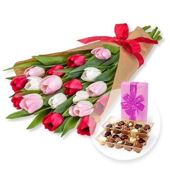 Tulpentraum mit Schleife und Belgischen Pralinen - Originelle Valentinstag Geschenke für Frauen