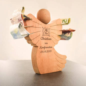 Holzengel Geldgeschenk mit personalisierter Gravur - 23 originelle Geschenke zur Kommunion
