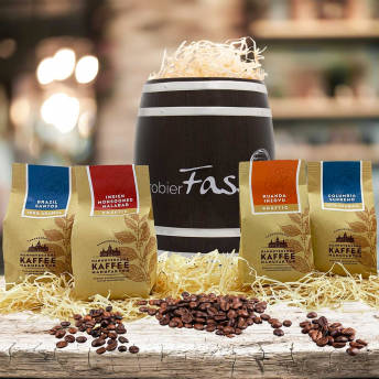 probierFass KAFFEE Geschenkset mit vier handgersteten  - 43 besondere Geschenke für Kaffeetrinker