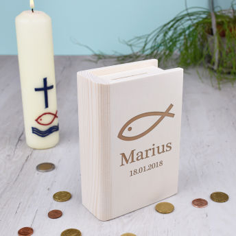 Spardose in BuchForm mit Wunschgravur zur Taufe - 62 einzigartige Geschenke aus Holz