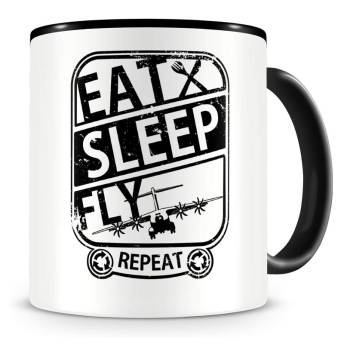 Tasse mit Spruch Eat Sleep Fly Repeat - 46 Geschenke für Piloten  und Luftfahrt-Fans