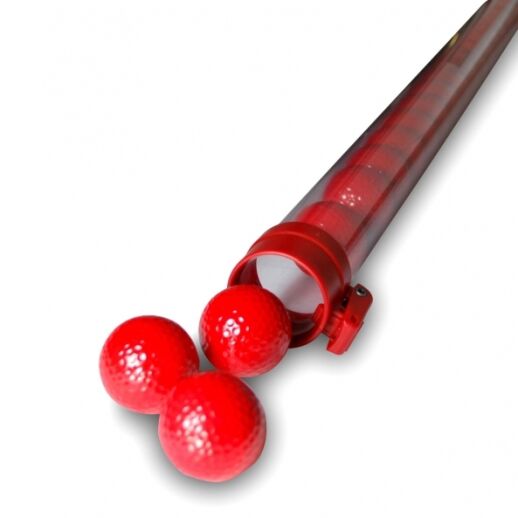 Golfball Sammelröhre befüllt mit 21 knallroten Golfbällen