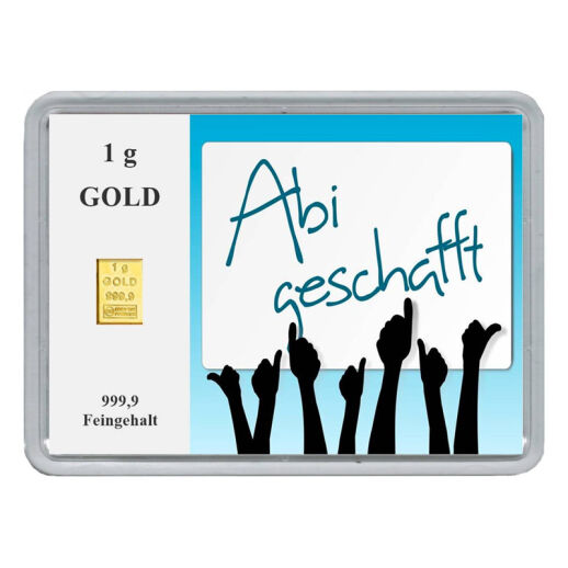 1g Goldbarren 999,9 Feingold in Abitur Motivbox