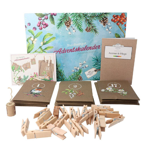 Bio-Saatgut-Adventskalender mit Klammern zum Aufhängen