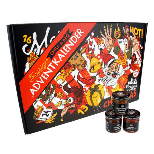 Chili- und BBQ-Adventskalender mit 24 Produkten von mild bis höllisch scharf