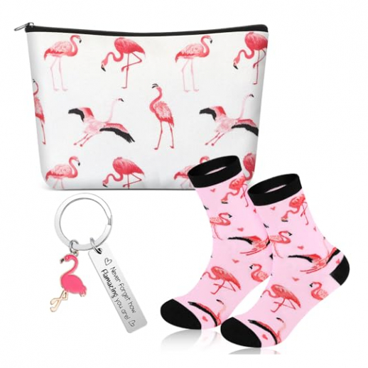 3-tlg. Flamingo-Geschenk-Set mit Kosmetiktasche, Schlüsselanhänger und Socken