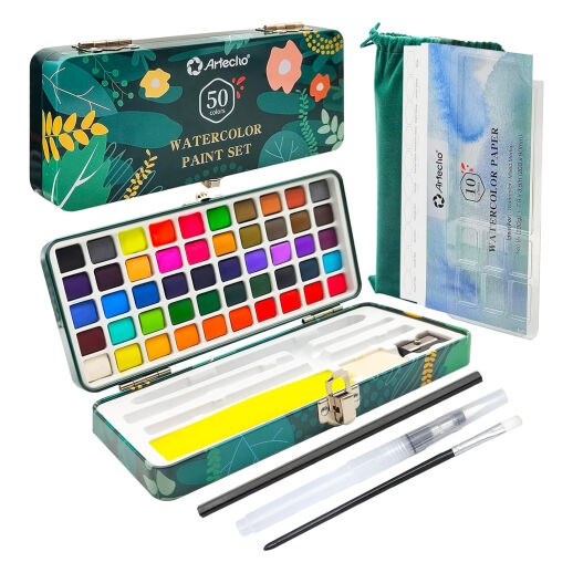 Artecho Aquarellfarben Set mit 50 Farben in einer tragbaren Box