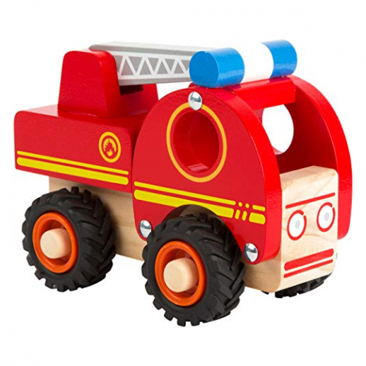 Feuerwehrfahrzeug aus Holz mit gummierten Rädern