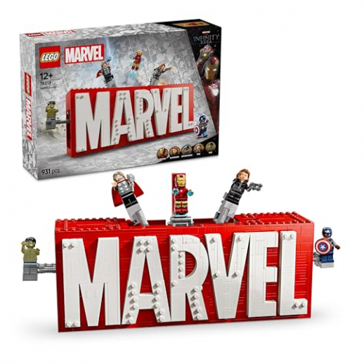 LEGO Marvel: Dekoratives Marvel Logo mit Hulk, Thor, Iron Man, Black Widow und Captain America Minifiguren