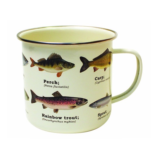 Emaillierter Kaffeebecher mit Fisch-Motiven