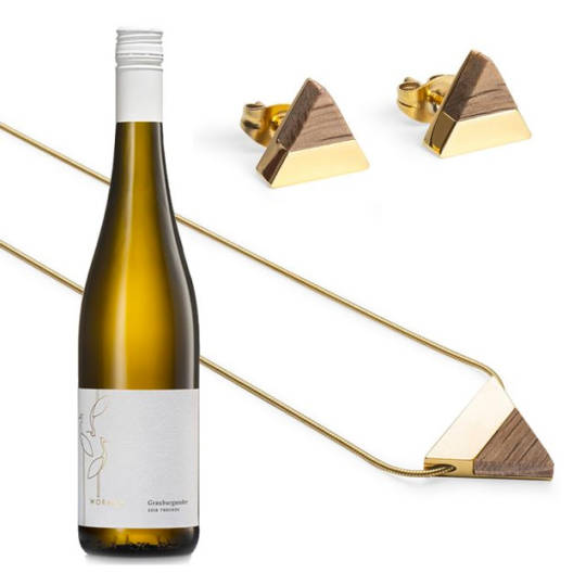 Damenschmuck-Set aus alten Weinfässern + Weißwein-Flasche