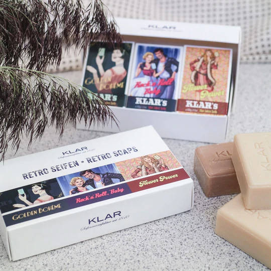Geschenkset mit palmölfreien Retro Seifen (20er, 50er, 70er)