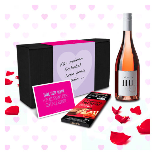 Romantische Geschenkbox mit Wein und Schokolade