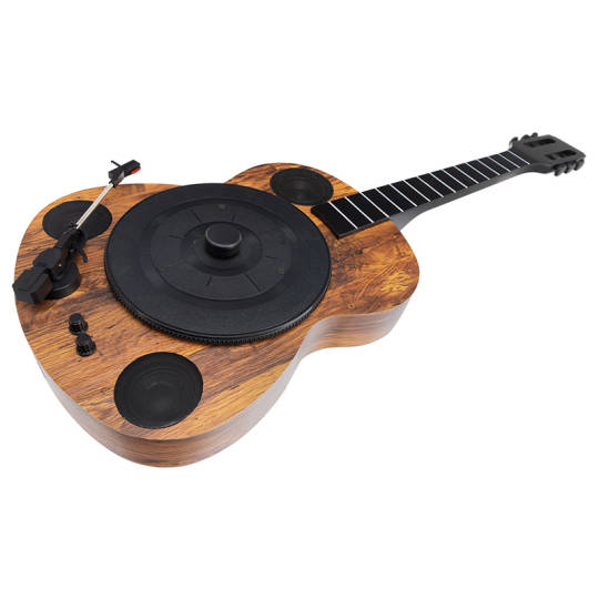 Stylischer Plattenspieler in Gitarrenform für Wandmontage