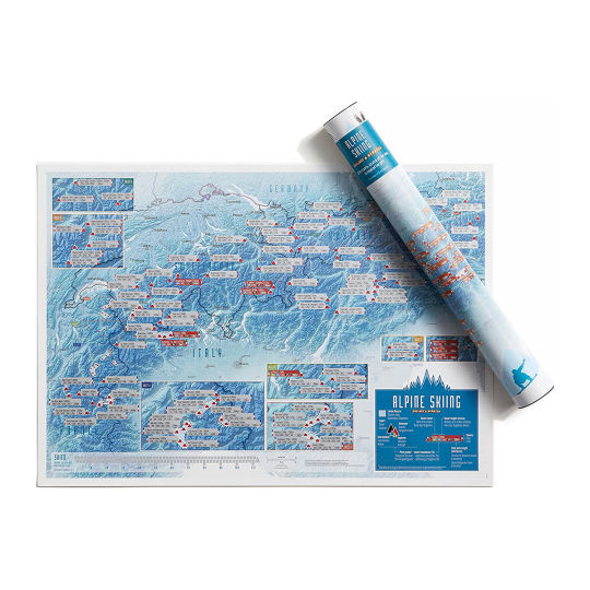 Karte mit Skigebieten der Alpen als Rubbelposter