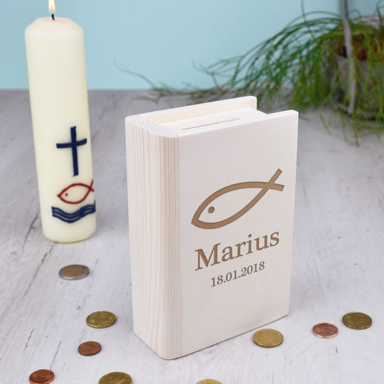 Spardose in Buch-Form mit Wunschgravur zur Taufe