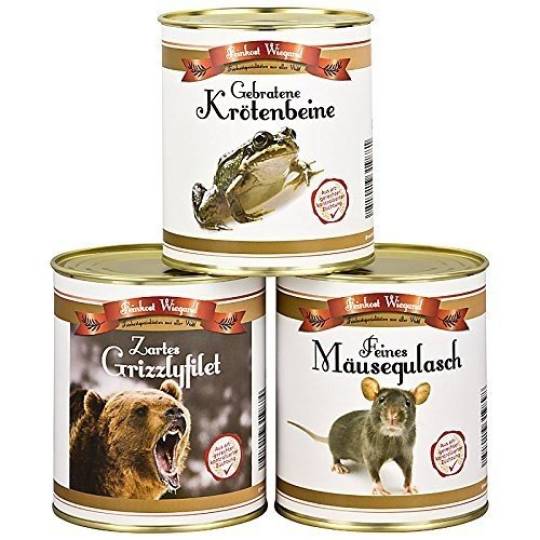 Spaßgeschenk: 3er Set aus der Dose - Mäusegulasch, Krötenbeine, Grizzlyfilet