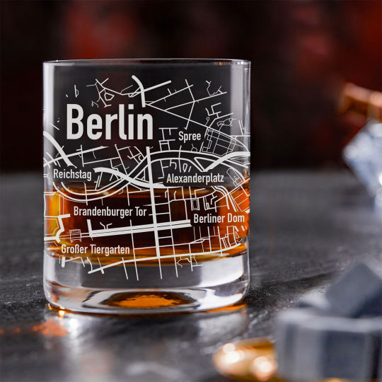 Whiskyglas mit Stadtkarte Gravur - verschiedene Städte verfügbar