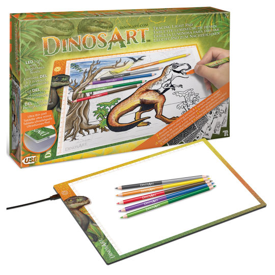 Zeichen-Leuchtpad im Dino-Design mit Holzstiften und Zeichenvorlagen